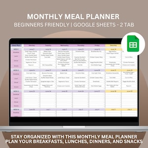 May include: A laptop displays a monthly meal planner template. The screen shows a grid with meal categories and dates. Text at the top reads "MONTHLY MEAL PLANNER" and "BEGINNERS FRIENDLY | GOOGLE SHEETS - 2 TAB." The bottom text says "STAY ORGANIZED WITH THIS MONTHLY MEAL PLANNER PLAN YOUR BREAKFASTS, LUNCHES, DINNERS, AND SNACKS."