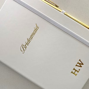 Bridesmaid White & Gold Personalised Lined Hardbacked Notebook With Matching Pen