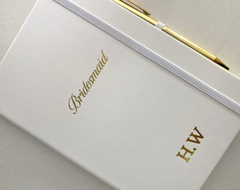 Bridesmaid White & Gold Personalised Lined Hardbacked Notebook With Matching Pen