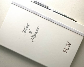 Maid of Honour White  & Silver Personalised Lined Hardbacked Notebook With Matching Pen