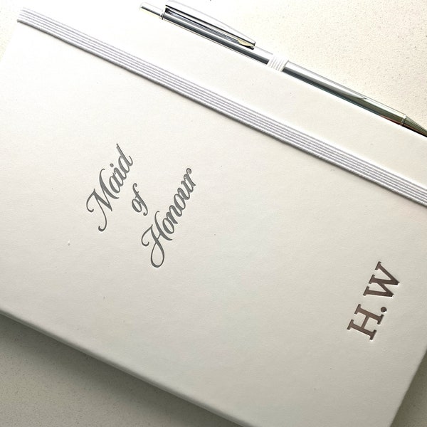 Maid of Honour White  & Silver Personalised Lined Hardbacked Notebook With Matching Pen