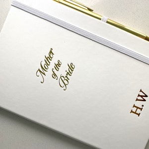 Mother Of The Bride White & Gold Personalised Lined Hardbacked Notebook With Matching Pen
