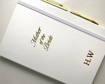 Mother Of The Bride White & Gold Personalised Lined Hardbacked Notebook With Matching Pen