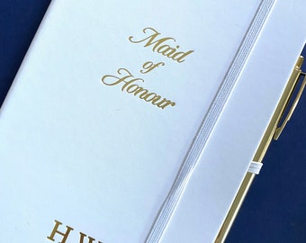 Maid Of Honour White & Gold Personalised Lined Hardbacked Notebook With Matching Pen