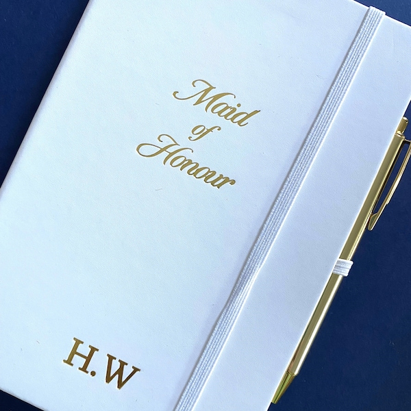 Maid Of Honour White & Gold Personalised Lined Hardbacked Notebook With Matching Pen