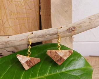 Triangular-shaped, hand-made wooden and gold metal buckles