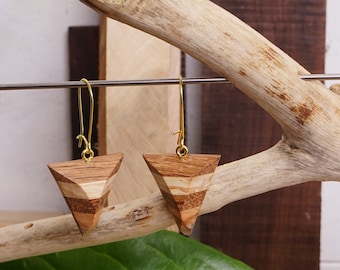 Hand-made triangular wooden dangling earrings