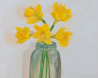 Spring Daffodils in Mason Jar,11x14in, original oil painting on canvas board