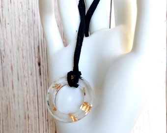 Resin necklace, resin pendant, round resin with gold flake resin pendant, Clear resin