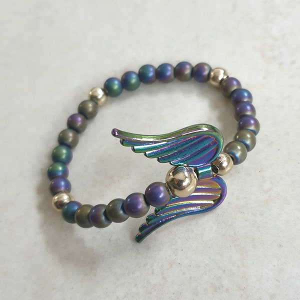 Multicoloured matt hematite bracelet with angel.