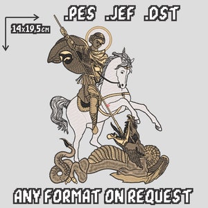 Puede incluir: Un diseño de bordado en oro y blanco de San Jorge matando a un dragón. El diseño mide 14 x 19,5 cm y está disponible en los formatos PES, JEF y DST.