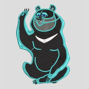 May include: Embroidered design of a black bear with a white chest marking and blue eyes. The bear is outlined in turquoise and is waving with its right paw. The bear is sitting down with its legs folded.