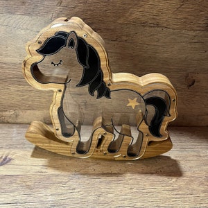 Wooden Coin Bank WITH BONUS, Rocky Horse Coin Bank, Pony, Unicorn Coin Bank, Custom Piggy Bank. Elm Wood.