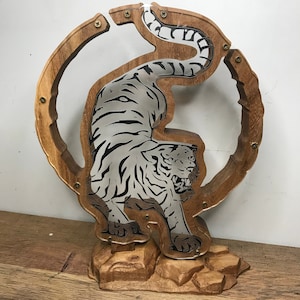 Wooden Coin Bank, Tiger Coin Bank, Custom Piggy Bank. Elm Wood