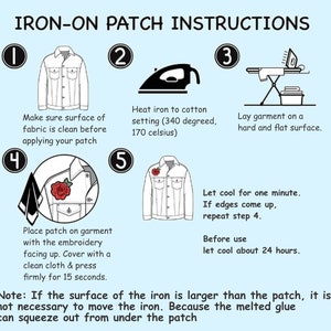 May include: A diagram with five steps on how to iron on a patch. The steps are numbered 1 through 5. The steps include making sure the surface of the fabric is clean, heating the iron to a cotton setting of 340 degrees Fahrenheit or 170 degrees Celsius, laying the garment on a hard and flat surface, placing the patch on the garment with the embroidery facing up, and letting the patch cool for one minute. The diagram also includes a note that if the surface of the iron is larger than the patch, it is not necessary to move the iron because the melted glue can squeeze out from under the patch.