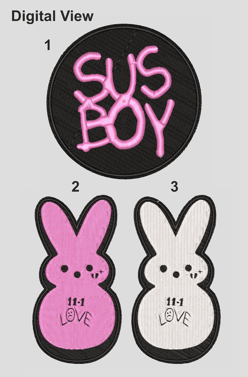 May include: Three embroidered iron-on patches. The first patch is round and black with the words "SUS BOY" in pink. The second patch is pink and shaped like a bunny with the words "11-1 LOVE" in black. The third patch is white and shaped like a bunny with the words "11-1 LOVE" in black.