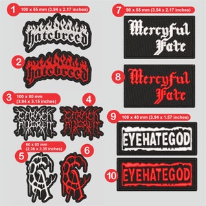May include: Ten embroidered iron-on patches featuring various heavy metal band logos. The patches are black, red, and white. The logos include Hatebreed, Mercyful Fate, and EyeHateGod. The patches are different sizes, ranging from 2.36 x 3.35 inches to 3.94 x 3.15 inches.