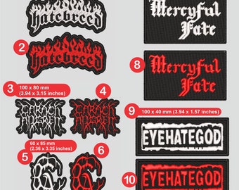 May include: Ten embroidered iron-on patches featuring various heavy metal band logos. The patches are black, red, and white. The logos include Hatebreed, Mercyful Fate, and EyeHateGod. The patches are different sizes, ranging from 60 x 85 mm to 100 x 80 mm.