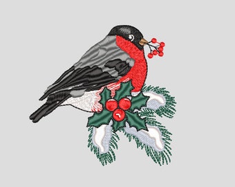 Ciuffolotto sul disegno di ricamo di agrifoglio di Natale, disegno di Capodanno, file di ricamo di uccelli ciuffolotto, disegni di ricamo. Progettazione digitale
