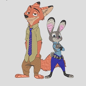 May include: An embroidered patch featuring Nick Wilde, a sly fox wearing a brown shirt and blue tie, and Judy Hopps, a determined bunny wearing a blue police uniform. They are both standing side-by-side with their arms crossed.