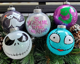 Nightmare Before Christmas Inspired Ornaments, Glitter Ornaments, Jack Skellington, Sally, Oogie Boogie, Zero, Personalize, Disney Gifts,