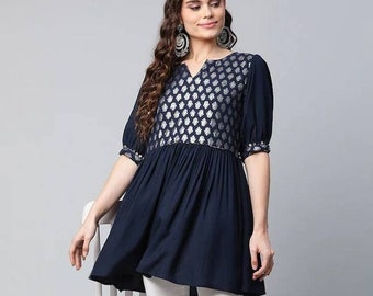 Indische Tunika - Marineblau & Silberfarben bedruckte Tunika für Frauen - Sommertop - Ethnische Kleidung - Oberteile für Frauen - Kurze Kurti - Kurta für Frauen