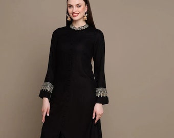 Stijlvolle elegante Kurta Set - Zwarte Zari geborduurde Mandarijn kraag Kurta met broek & Dupatta - Indiase jurk - Etnische slijtage - Bruiloftsfeest
