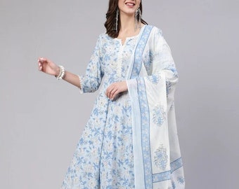Blauwe Anarkali-jurk - Pure Cotton Floral Printed Thread Work Anarkali Kurta met broek en Dupatta - Kurta-set voor dames - Indiase jurk