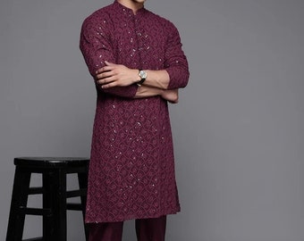 Kurta Set voor heren - Bordeaux geborduurde Chikankari Kurta met pailletten met broek voor heren - Indiase etnische Diwali feestelijke kleding - Kurta Pyjama