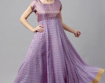 Anarkali Kurta - Lavender Checked Anarkali Kurta For Women - Indian Dress - Ethnic Wear - Wedding / Festive Wear - Maxi Dress For Women