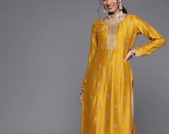 Kurta en soie brodée de sequins et motifs floraux jaunes pour femme - Vêtements ethniques Kurti - Tenue fonctionnelle Haldi - Mariage / Décontracté