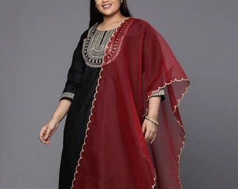 Plus Size Kurta Set - Zwart geborduurde Kurta met pailletten met palazzo's & Dupatta - Indiase jurk - Etnische kleding - Diwali feestelijke kleding XXXL 5XL