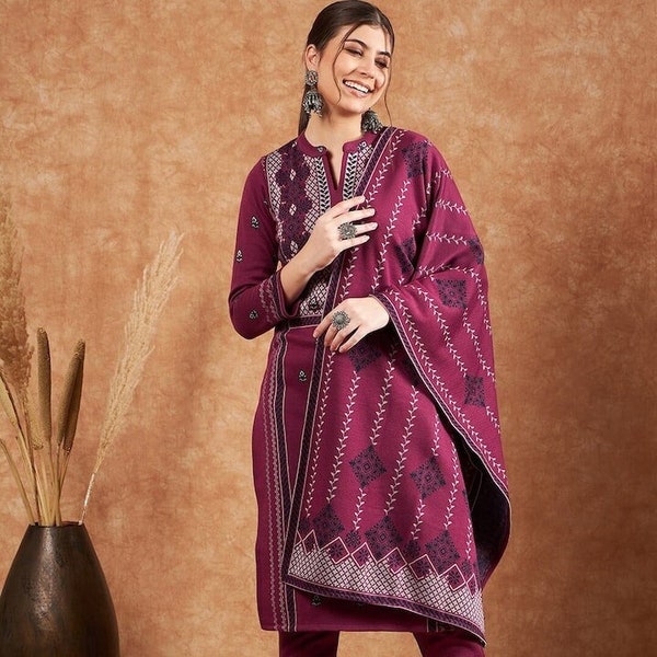 Woolen Kurta Set - Purple Woven Design Mandarin Collar Straight Kurta With Trousers And Dupatta - Winter Wear Kurti Set - Indian Dress