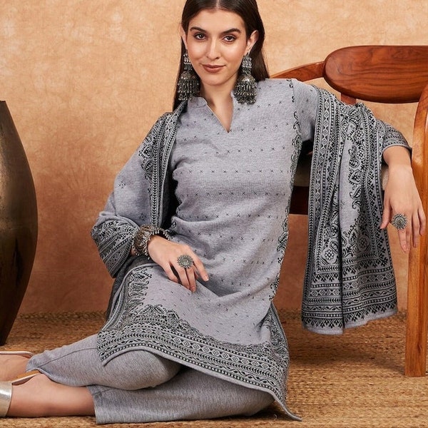 Woolen Kurta Set - Winter Wear Ethnic motifs Kurta With Trousers And Dupatta - Indian Dress - Salwar Suit - Pakistani Suit - Indian Dress