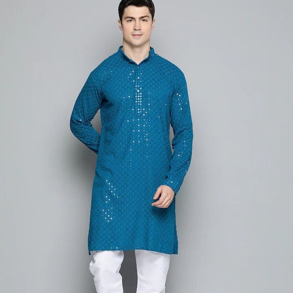 Turquoise Blue Men Floral Embroidered Chikankari Pure Cotton Kurta With Churidar Pyjamas - Ethnic Wear For Men - Indian Wedding / Party Wear