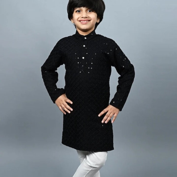 Kurta Set For Boys - Black Ethnic Embroidered Sequinned Kurta With Pyjamas - Kids Clothing - Indian Wedding Wear - Festive Diwali Eid Puja