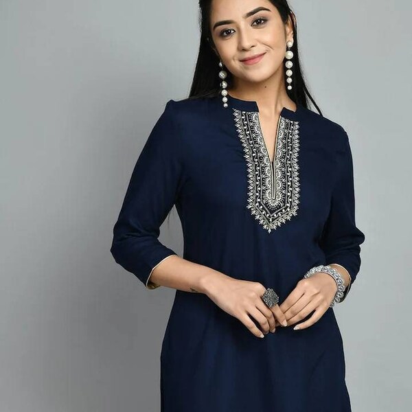 Embroidered Tunic Top For Women - Navy Blue Floral Mandarin Collar Short Kurta For Women - Indian Tunic - Summer Tops - Kurtis For Women