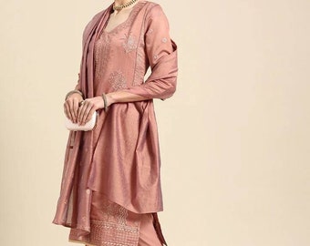 Feestelijke Indiase jurk - Roze geborduurde Kurti met broek en met Dupatta - Feestkleding Kurta Set voor dames - Pakistaanse Salwar Kameez-pak