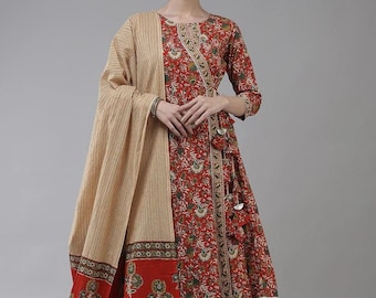 Ensemble kurta angrakha kalamkari - kurta angrakha 100 % coton rouge à motifs ethniques imprimés avec palazzos et dupatta - robe indienne - mariage/soirée