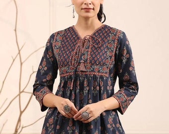 Indian Tunic - Blue & Rust Ethnic Floral Printed A-Line Pure Cotton Empire Kurti For Women - Short Kurta - Summer Top - Tie-up Neck Tunic