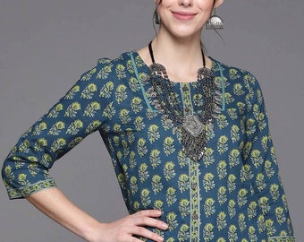 Tunique pour femme - Haut à imprimé floral bleu pur coton pour femme - Tunique indienne - Kurti court - Kurtis pour femme - Tuniques bohèmes d'été, hauts