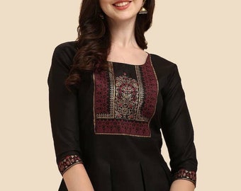 Indian Tunic - Ethnic Motifs Black Printed Peplum Top For Women - Summer Tops , Tunics , Tee , Shirt - Party / Casual Wear - Indian Dress