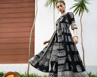 Kurta met palazzo's - hoge split etnisch zwart-wit bedrukt zuiver katoen Kurta set voor dames - Indiase jurk - ALine jurkset - feestelijke kleding