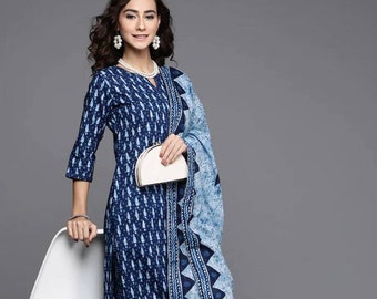 Robe indienne - Kurta 100 % coton imprimé bleu avec palais et dupatta - Ensemble kurta pour femme - Ensemble Salwar Kameez - Tunique indienne - Vêtements ethniques