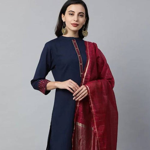 Kurta Set For Women - Navy Blue Solid Kurta with Trousers & Dupatta - Indian Dress - Ethnic Wear For Women outlet - Wedding / Party - Indian Tunic