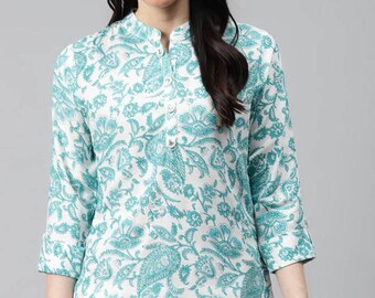 Indische Tunika - blau gedruckt Mandarin Kragen Roll-Up Ärmel Shirt Stil Top - ethnische Tops & T-Shirts - kurze Kurti Tunika - Sommer Tunika Frauen