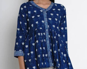 Túnica india - Top estilo camisa estampada azul marino de algodón puro para mujer - Vestido indio - Tops y camisetas - Túnicas de verano - Túnica corta Kurti