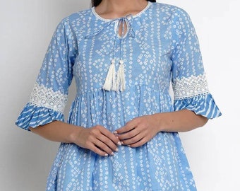 Indische Tunika für Frauen - reine Baumwolle blau ethnische Motive Druck Top für Frauen - kurze Kurti Tunika - indische Kleid - Sommer Kurtis für Frauen