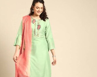Silk Kurta Set - Sea Green & Peach Solid Kurta met Broek en Dupatta - Indian Dress - Indian Tuniek - Salwar Kameez - Ethnic Dress Women
