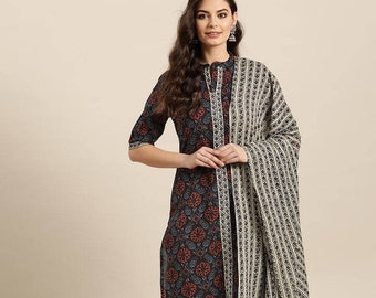 Ensemble kurta pour femme - Kurta noir et bleu à imprimé floral en pur coton avec pantalon et dupatta - Robe indienne - Salwar Kameez - Robe ethnique